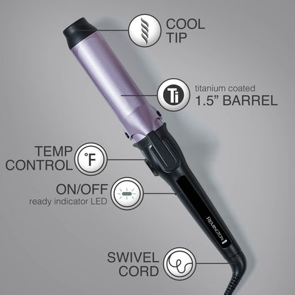 Hair straightener with labeled features on a gray background