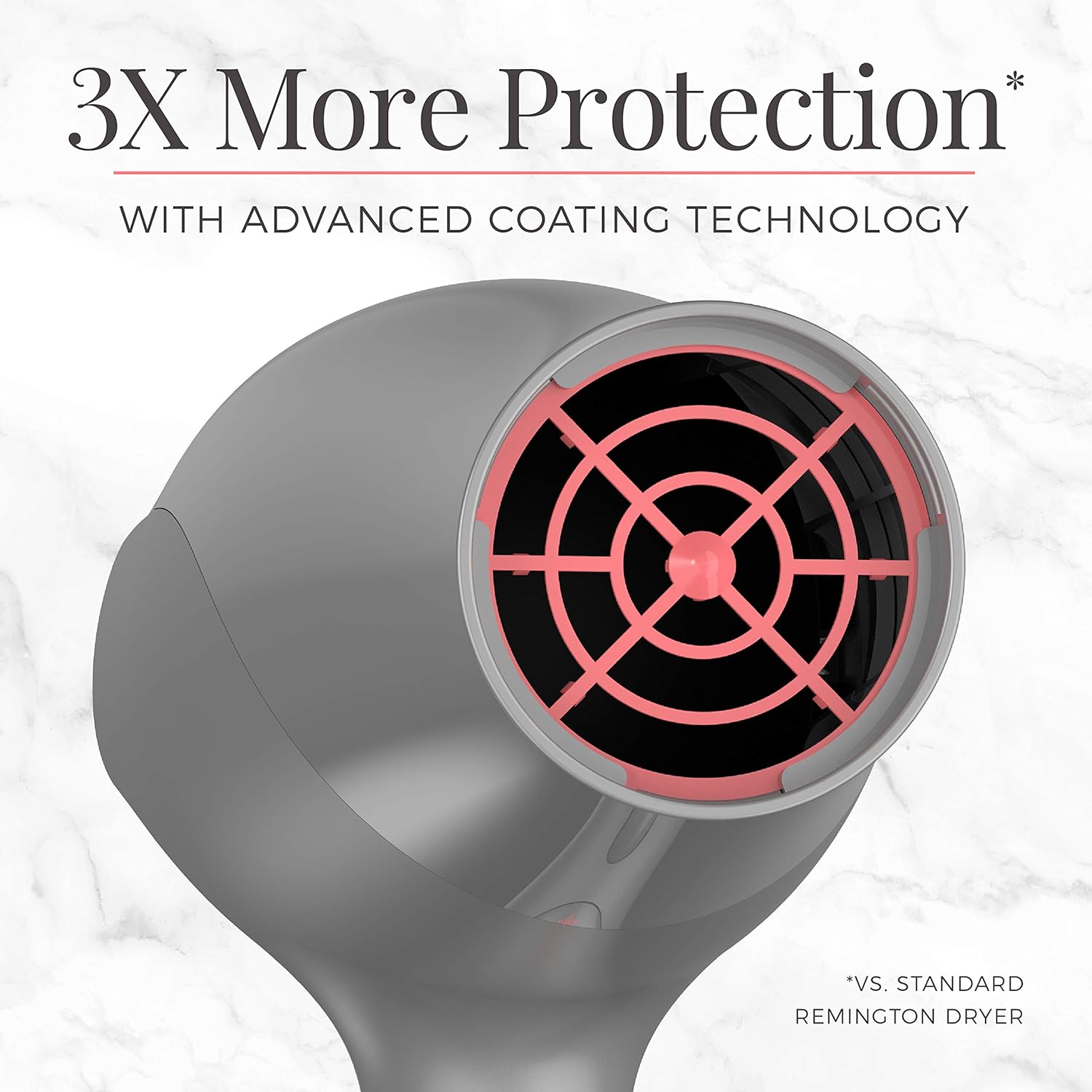 Gray hair dryer with pink interior and text about advanced coating technology on a white background