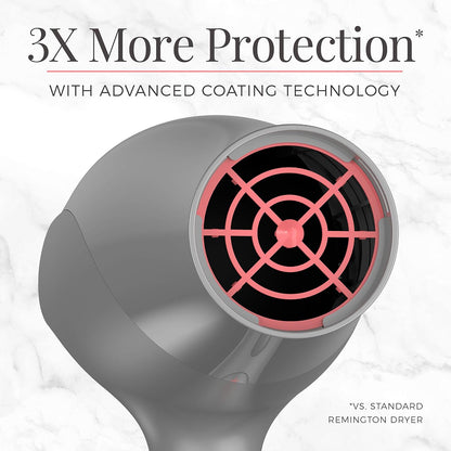 Gray hair dryer with pink interior and text about advanced coating technology on a white background
