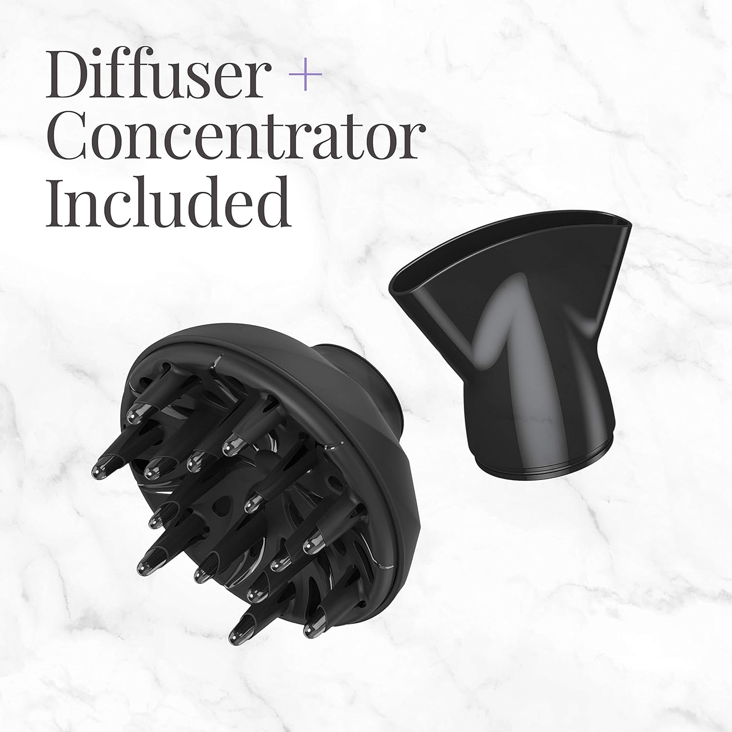 Black diffuser and concentrator on a light gray background with text 'Diffuser + Concentrator Included'.