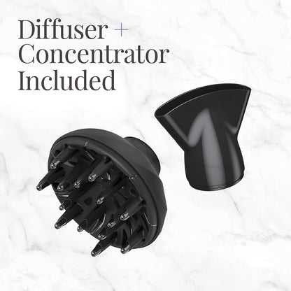 Black diffuser and concentrator on a light gray background with text 'Diffuser + Concentrator Included'.
