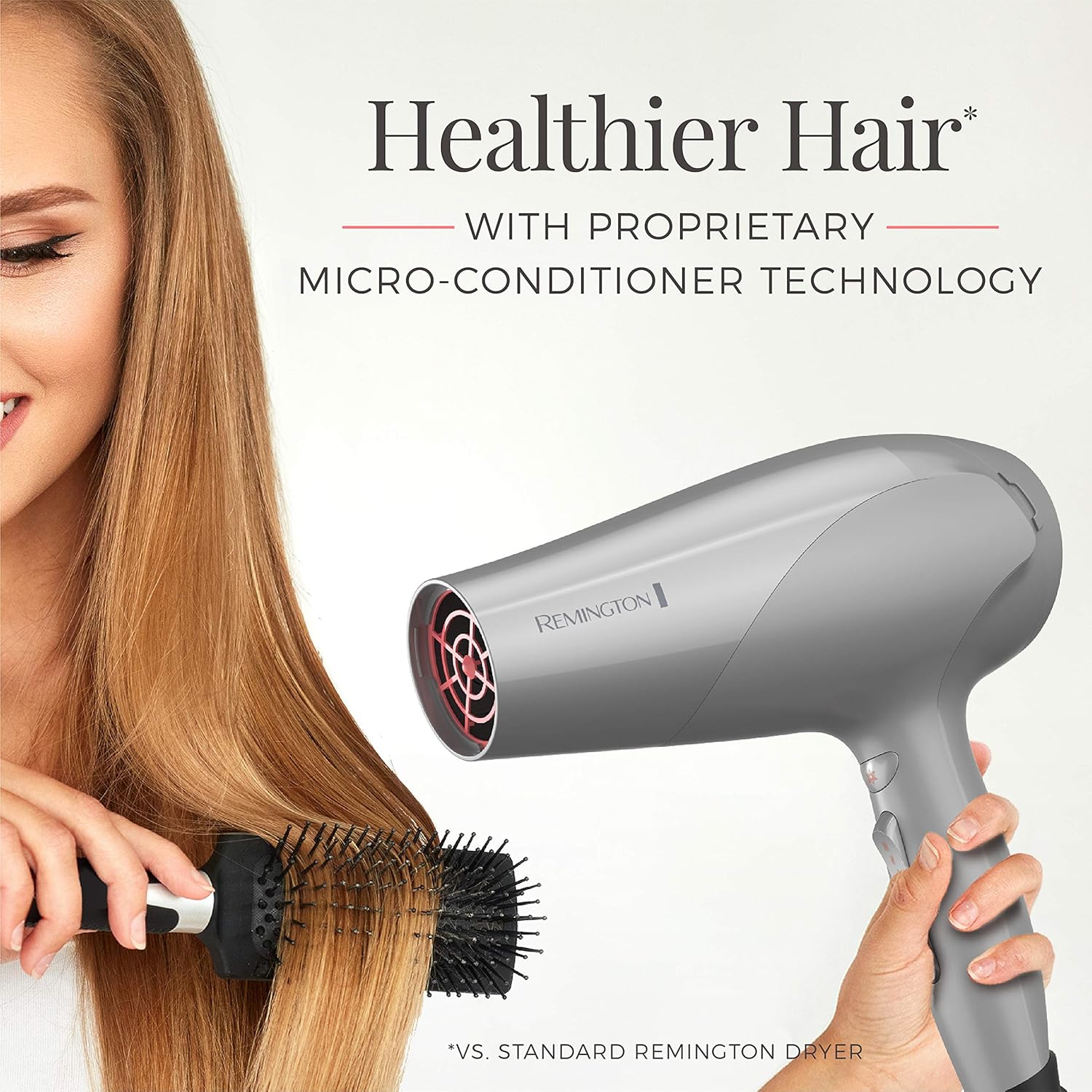 Woman using a Remington hair dryer and brush with text about healthier hair and proprietary technology.