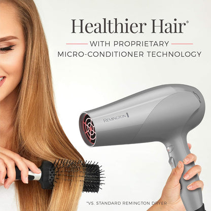 Woman using a Remington hair dryer and brush with text about healthier hair and proprietary technology.