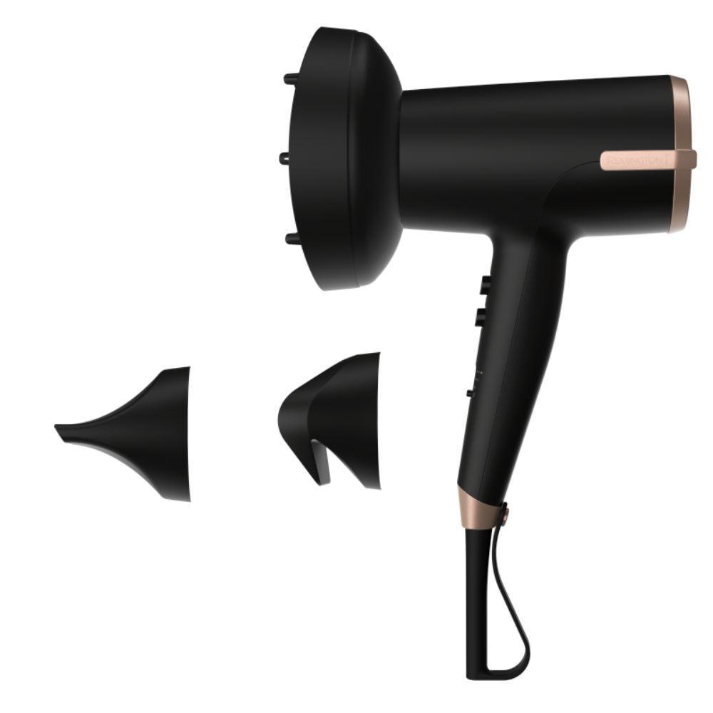 D31A10 Black hair dryer with rose gold accents on a white background