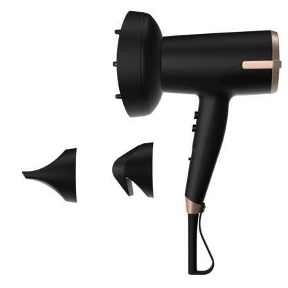 D31A10 Black hair dryer with rose gold accents on a white background
