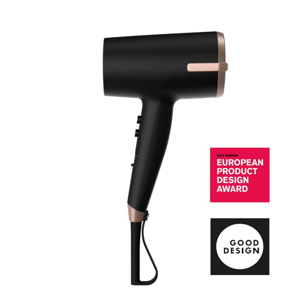 D31A10 Black hair dryer with rose gold accents on a white background, featuring design awards.