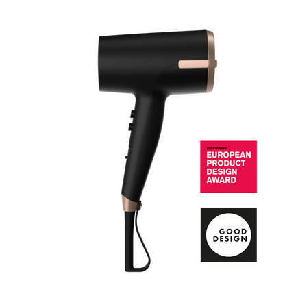 D31A10 Black hair dryer with rose gold accents on a white background, featuring design awards.