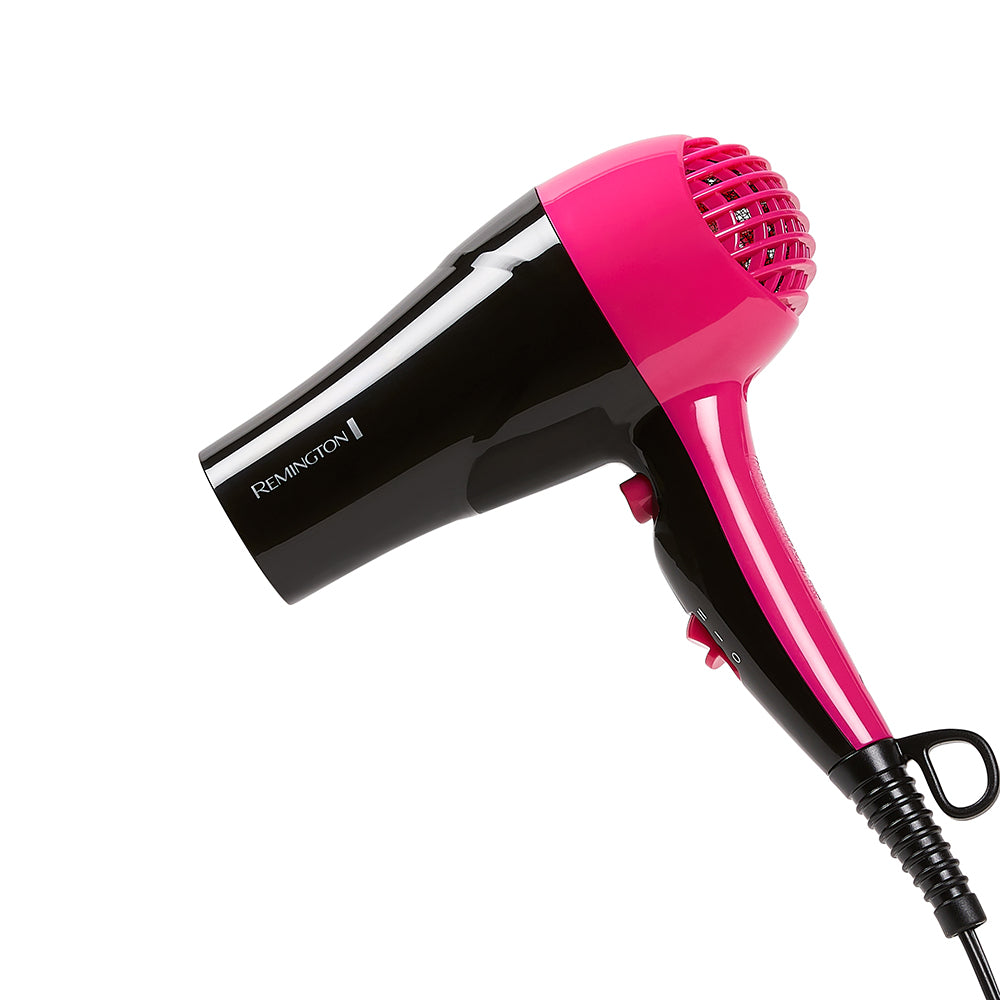 Black and pink hair dryer with Remington logo on a white background