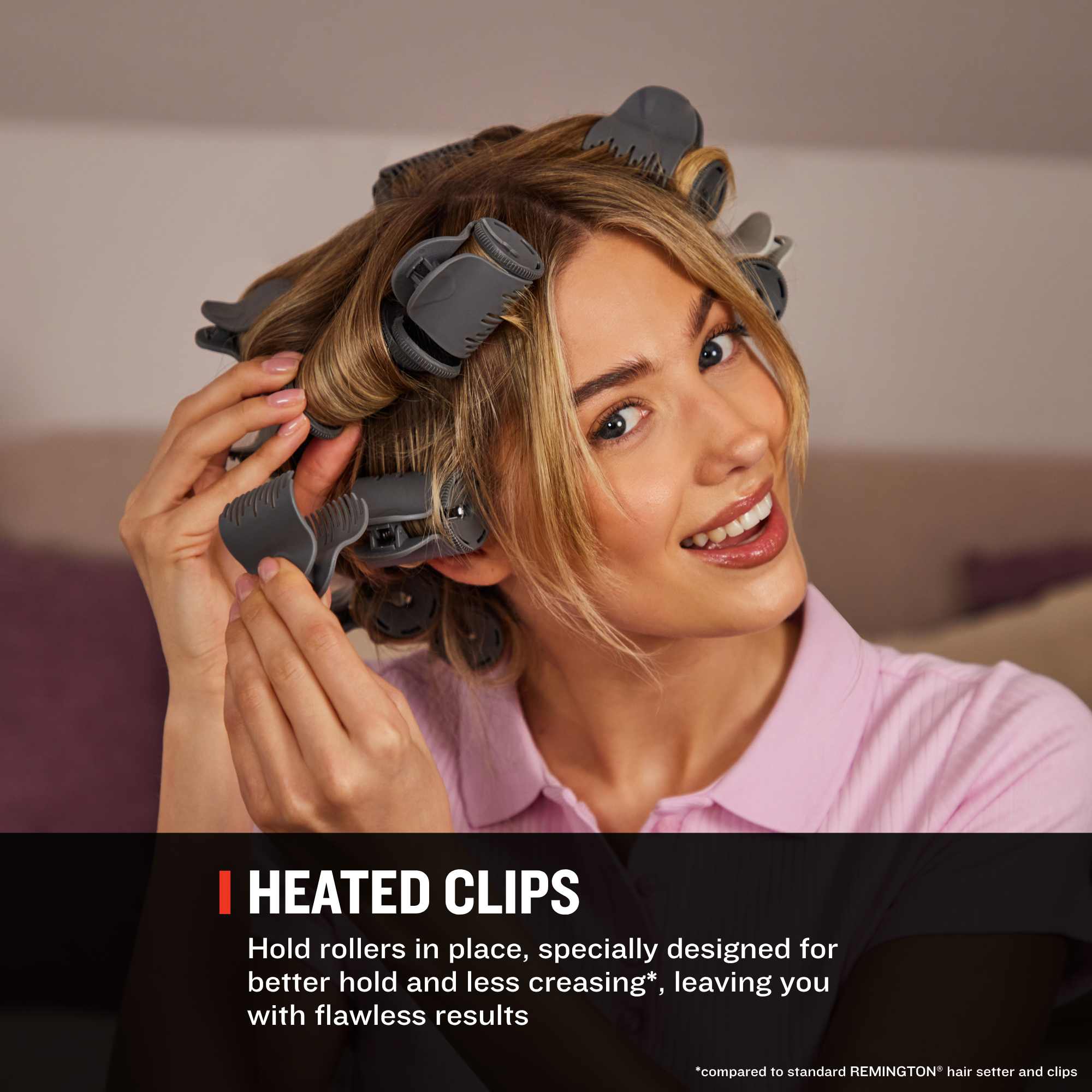 A woman with blonde hair using heated hair rollers, with a text overlay at the bottom reading 'HEATED CLIPS' and a small Remington comparison note.