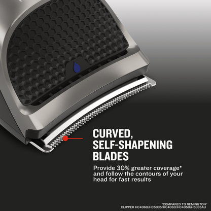 Hair clipper with curved, self-shaping blades on a dark background