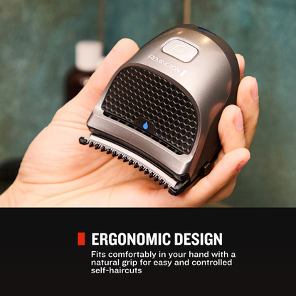 Hand holding a Remington hair clipper with ergonomic design text overlay