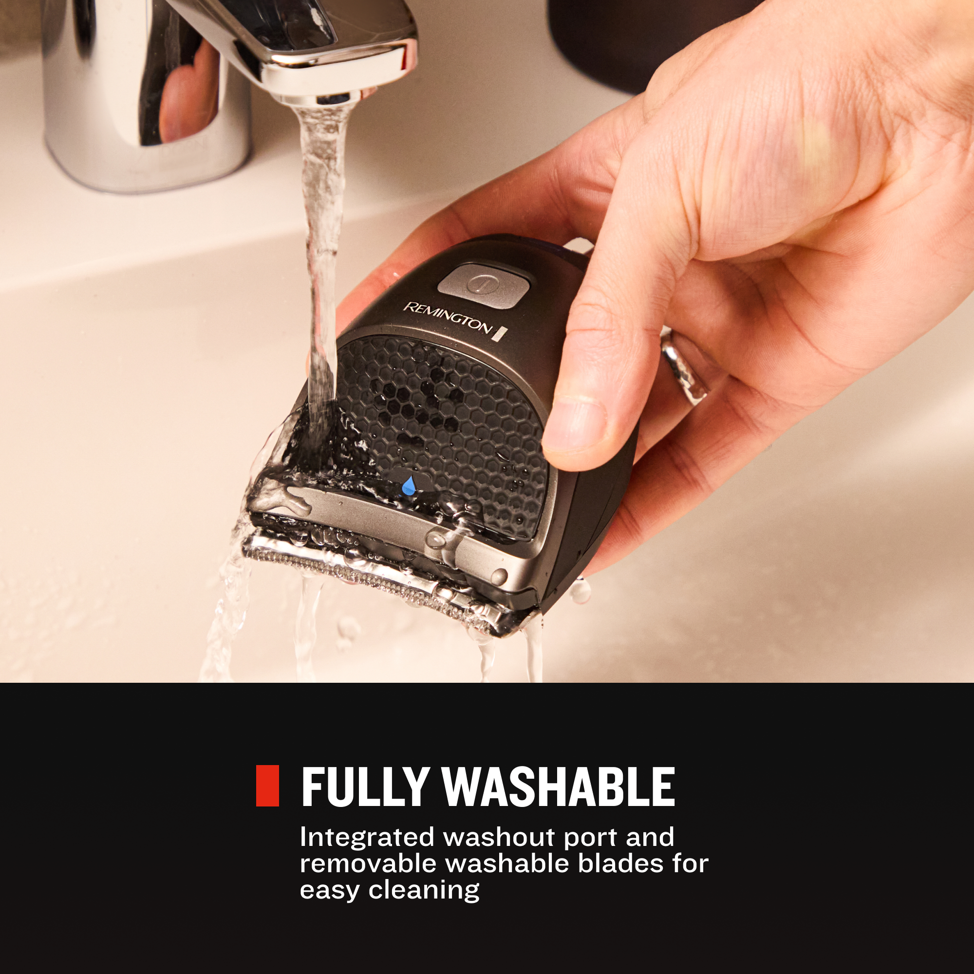 Hand washing a Remington shaver under running water with text indicating it's fully washable.