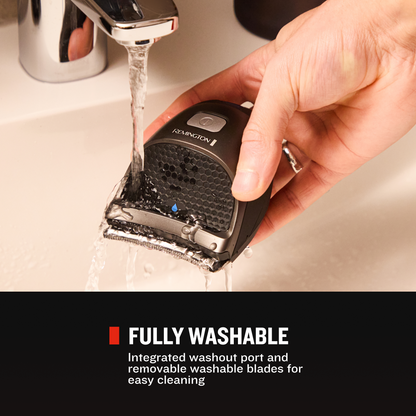 Hand washing a Remington shaver under running water with text indicating it's fully washable.