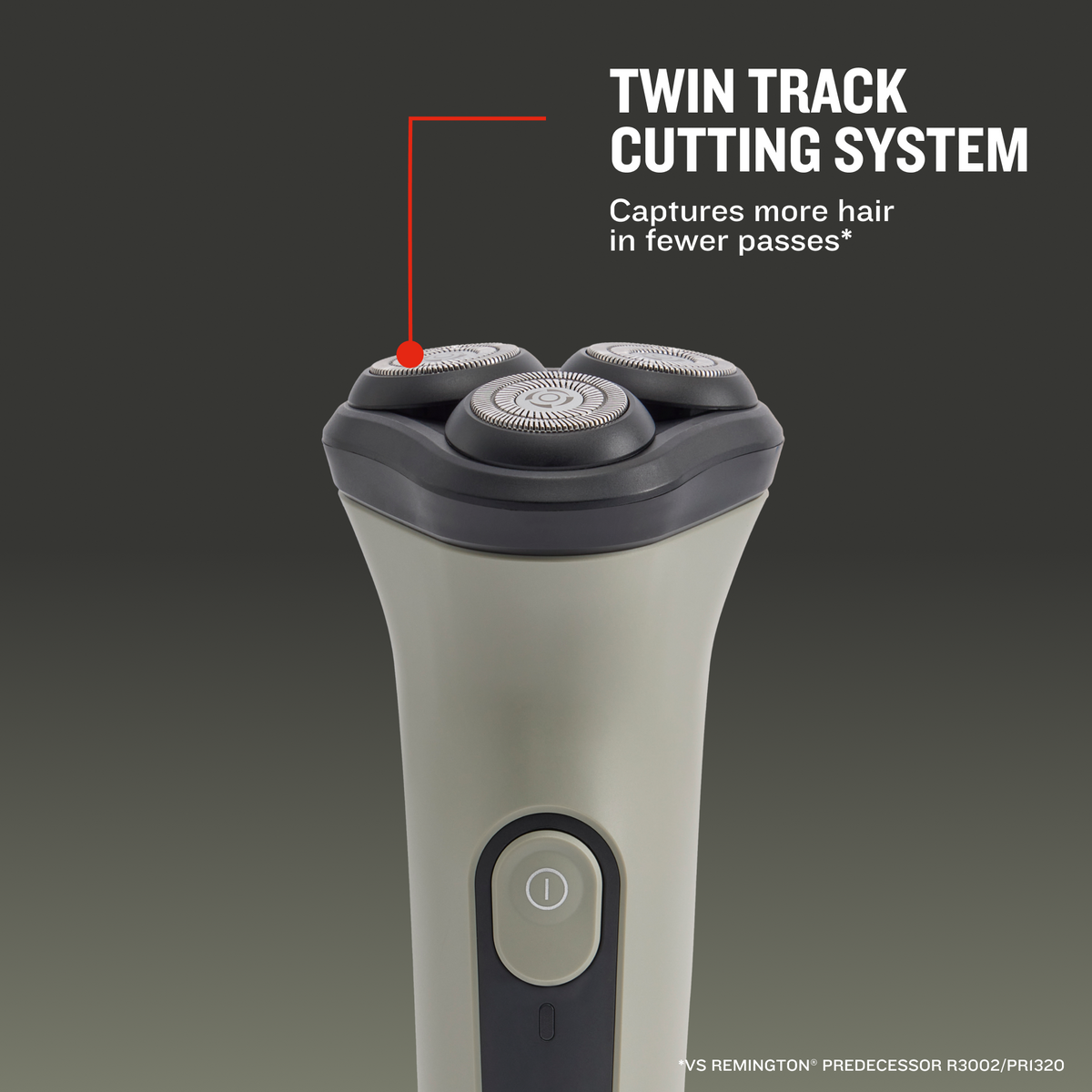 A close-up of RC3370 Rotary shaver head with text reading 'TWIN TRACK CUTTING SYSTEM' and a red pointer line highlighting the dual cutting surfaces. The shaver has a light gray body with dark gray accents.