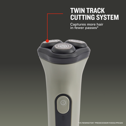 A close-up of RC3370 Rotary shaver head with text reading 'TWIN TRACK CUTTING SYSTEM' and a red pointer line highlighting the dual cutting surfaces. The shaver has a light gray body with dark gray accents.