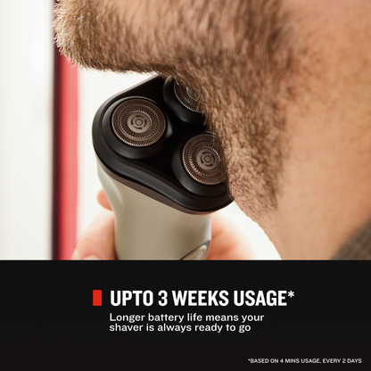 A close-up of a person shaving with an RC3370 Rotary shaver.