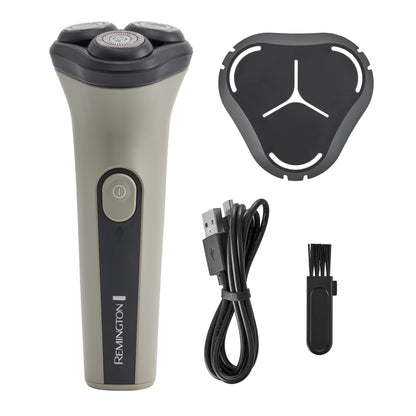 What is included with the RC3370 Rotary Shaver: a black cleaning brush, a black USB charging cable, and a black protective cover, all on a solid white background.