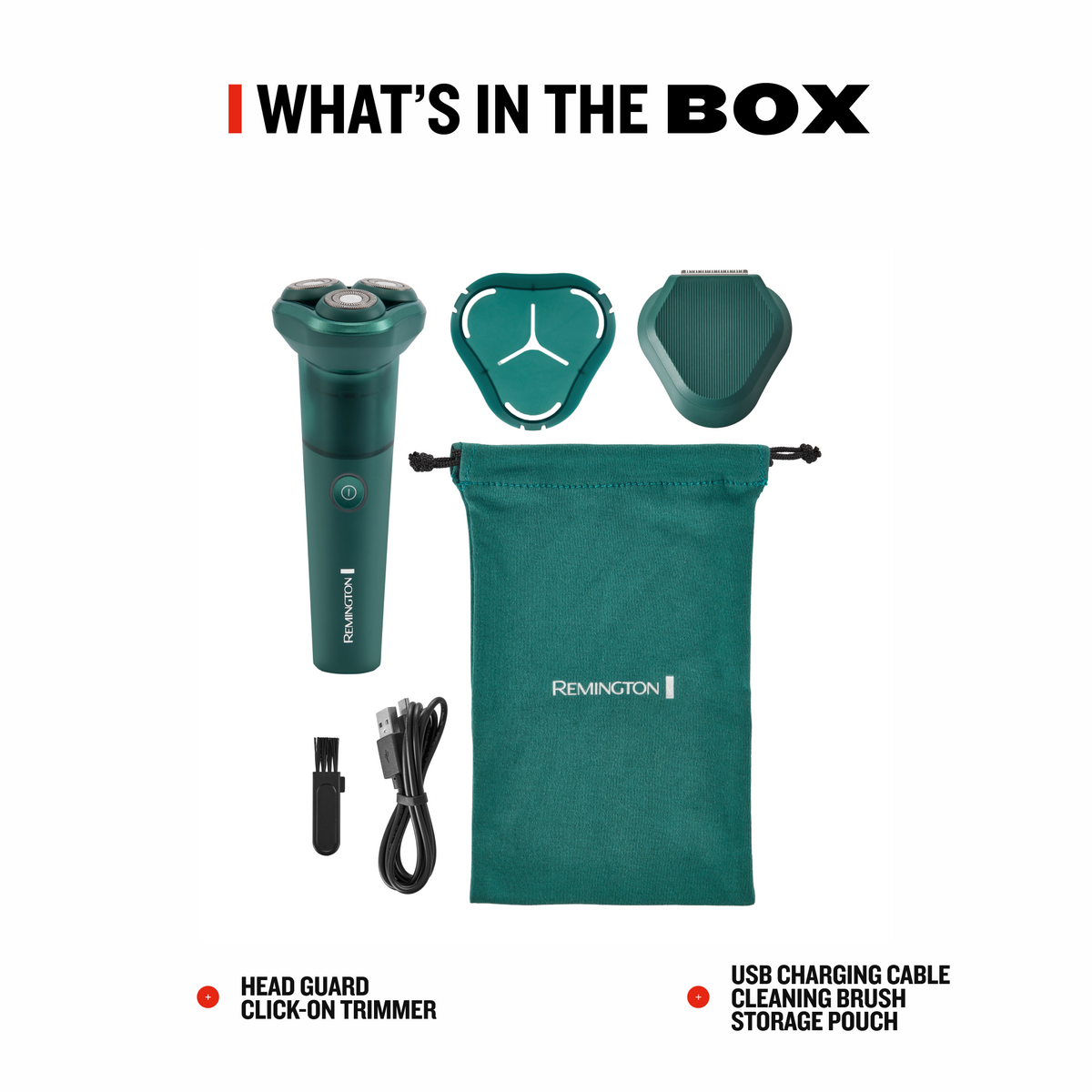 RC4380 Rotary shaver set on a white background includes a dark teal green shaver, head guard, click-on trimmer, cleaning brush, USB charging cable, and a teal drawstring storage pouch.
