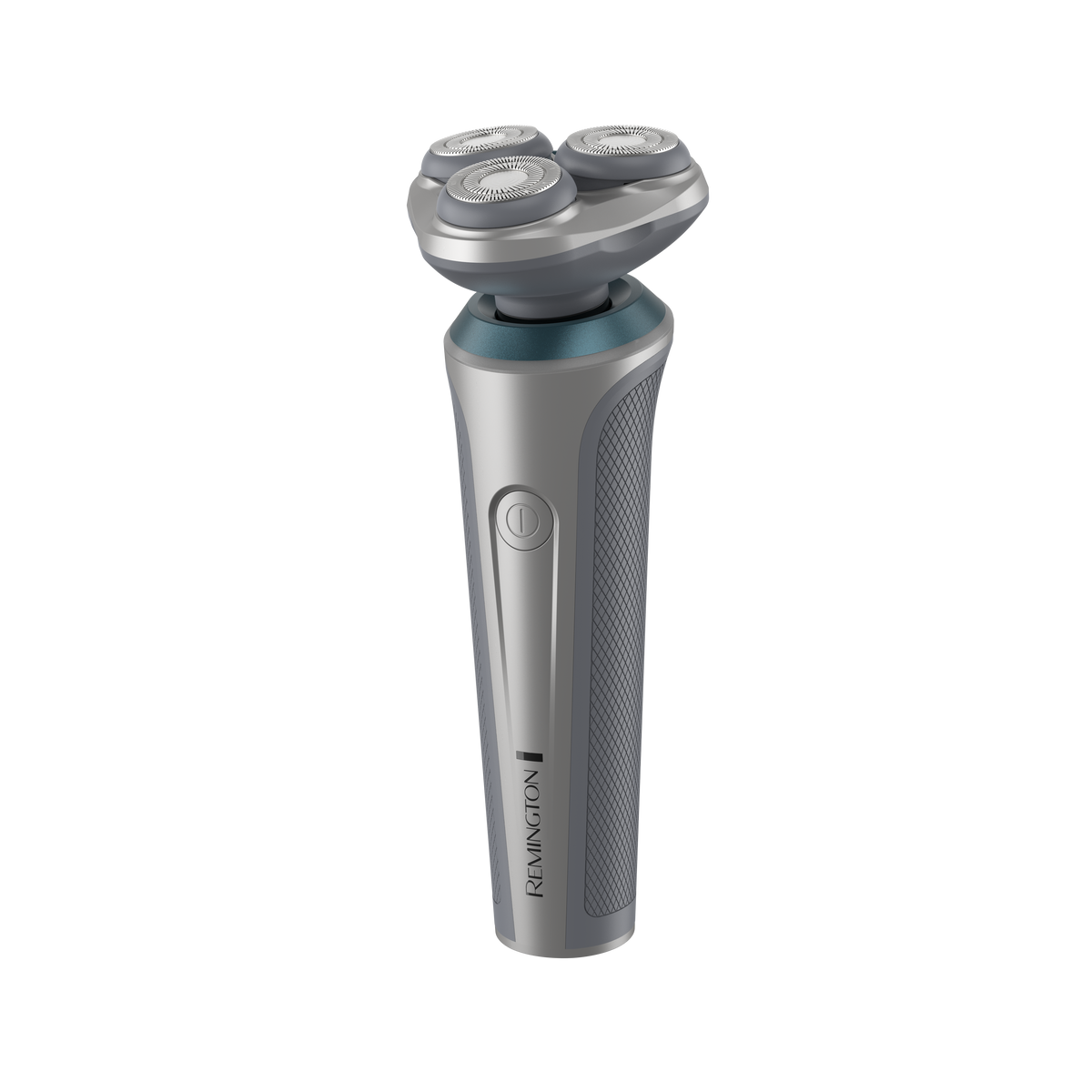 RC5390 rotary shaver with a silver and gray body, featuring three circular shaving heads and a textured grip, shown on a solid white background.