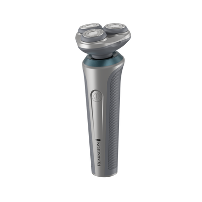 RC5390 rotary shaver with a silver and gray body, featuring three circular shaving heads and a textured grip, shown on a solid white background.