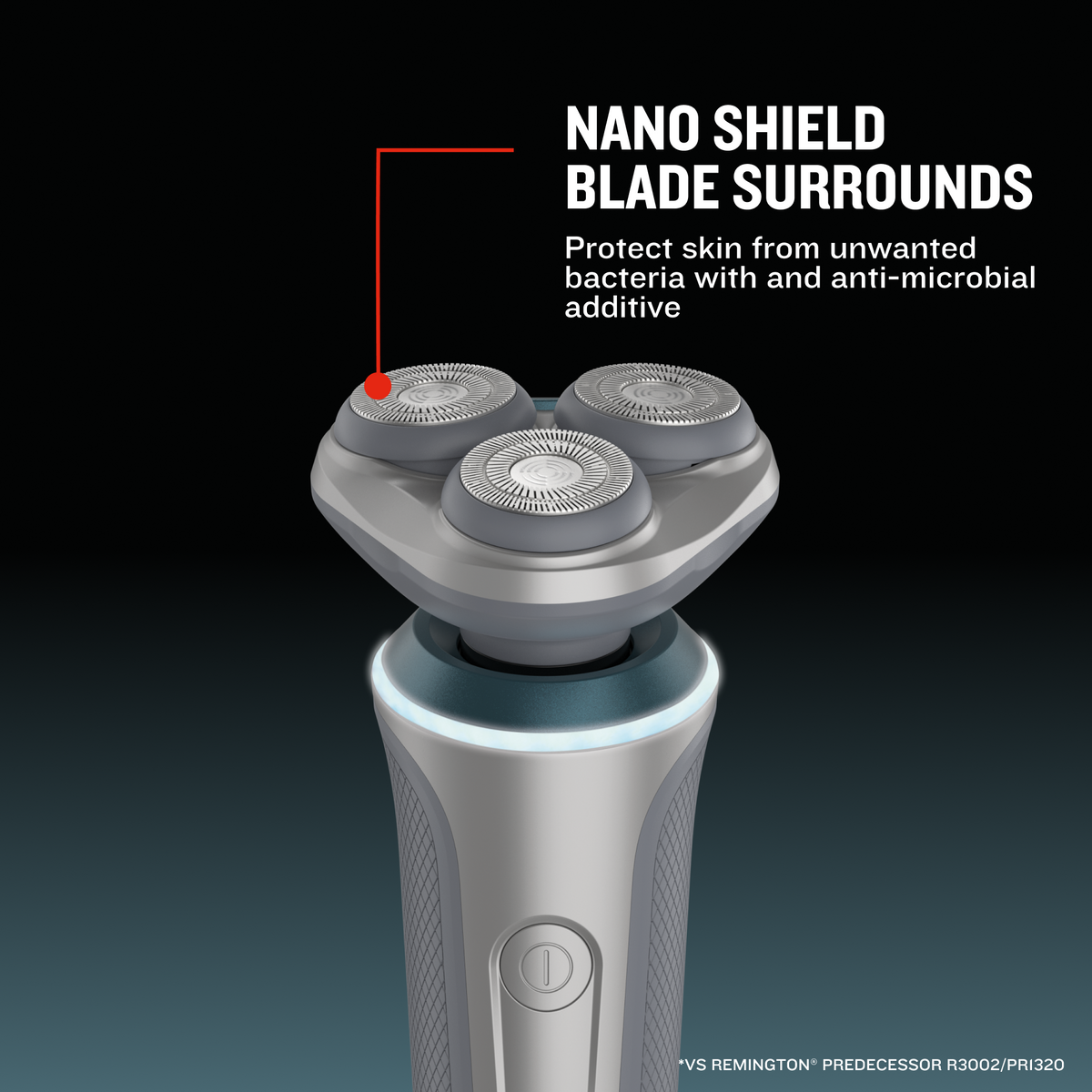 RC5390 Rotary shaver with nano shield blade surrounds feature on a black background