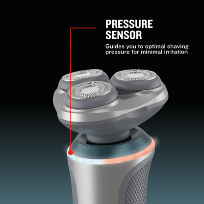 Clsoeup of RC5390 Rotary Shaver pressure sensor feature on a black background