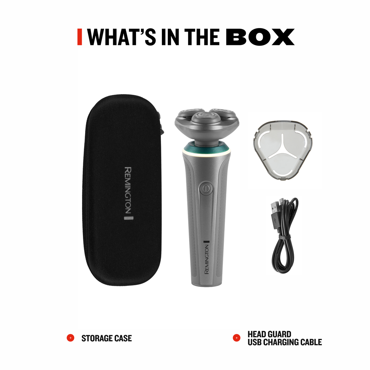 RC5390 rotary shaver set with storage case, head guard, and USB charging cable on a white background.