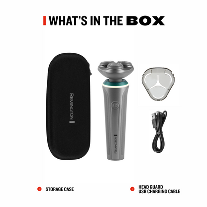 RC5390 rotary shaver set with storage case, head guard, and USB charging cable on a white background.