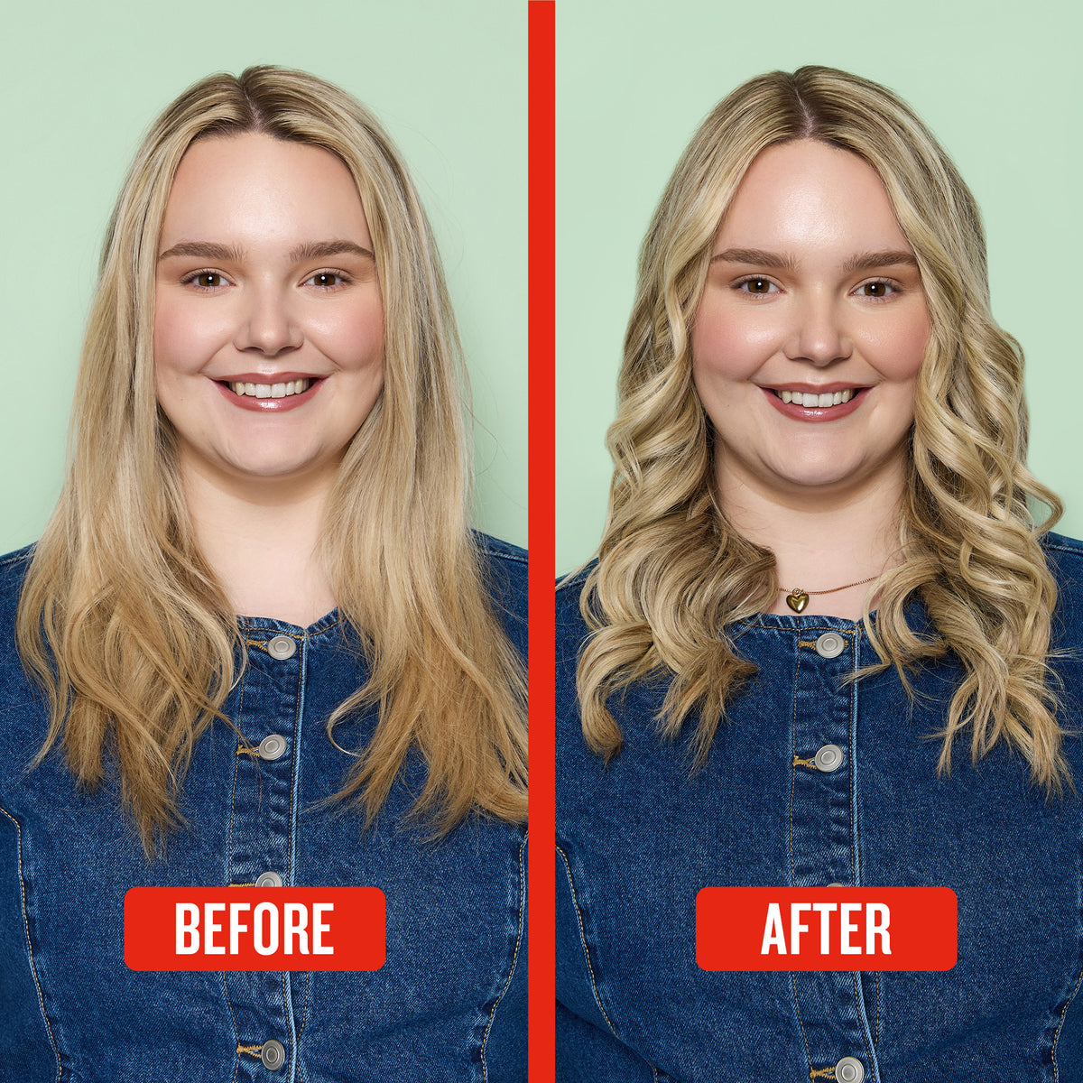 Before and after comparison of a woman with long blonde hair, showing the product effect of using Trendology 1" Rotating Curling Iron