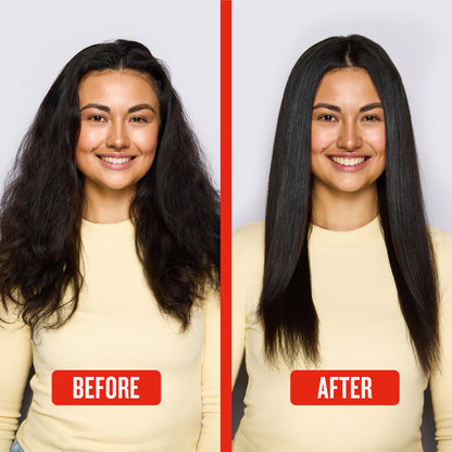 Before-and-after comparison of a woman's long, dark hair, showing curly hair on the left labeled 'BEFORE' and straight, sleek hair on the right labeled 'AFTER'. She is wearing a pale yellow top against a light gray background.