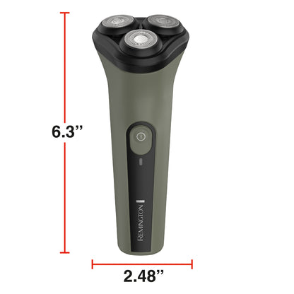 RC3370 Rotary shaver shown with red dimension lines indicating a height of 6.3 inches and a width of 2.48 inches