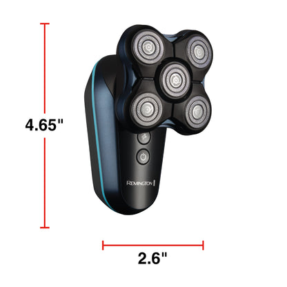 Black electric shaver with measurement details on a white background