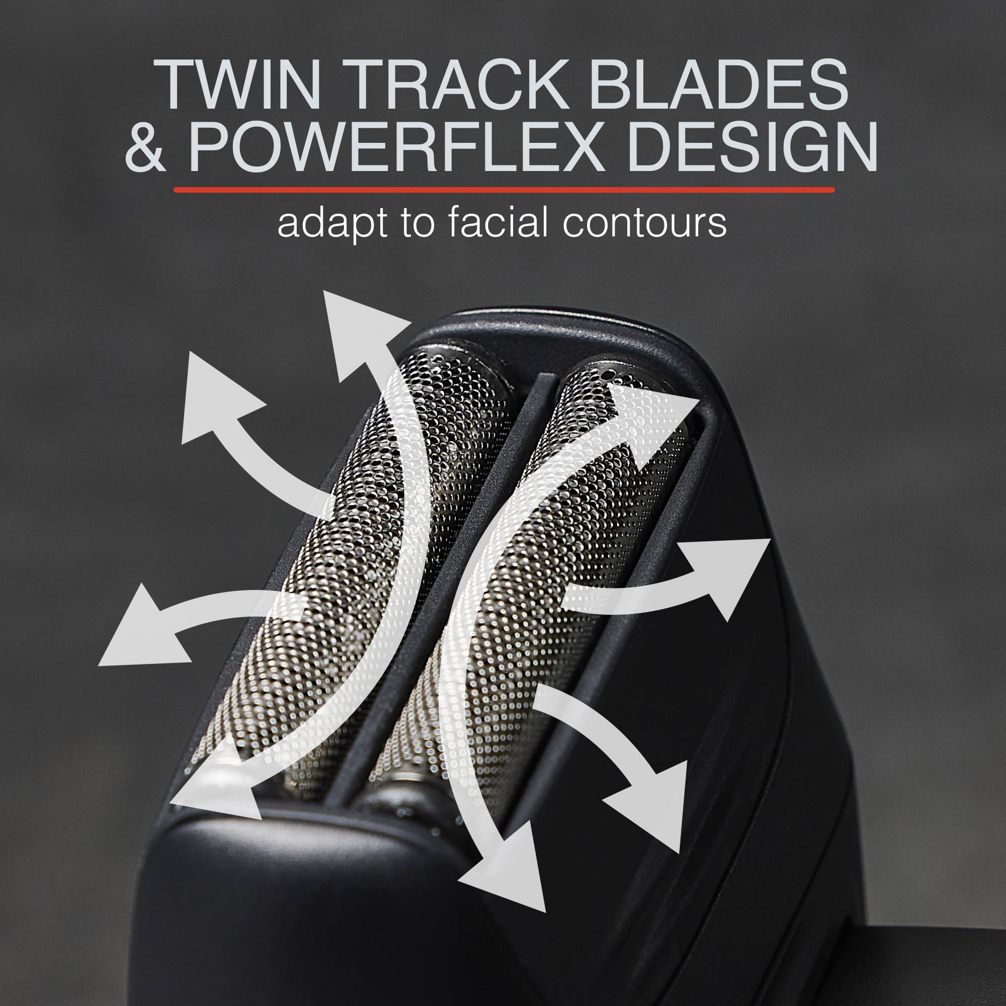 Close-up of a grooming tool with 'Twin Track Blades & Powerflex Design' text on a dark background.