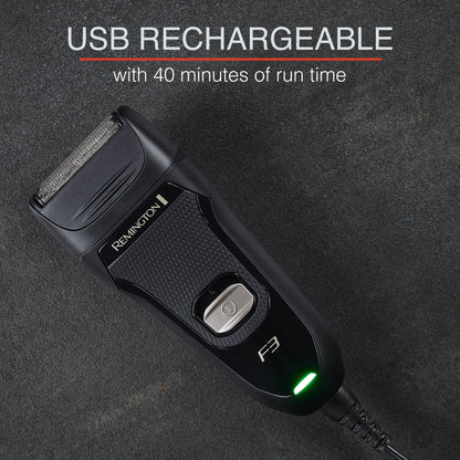 Black Remington USB rechargeable shaver on a dark background with text indicating run time.