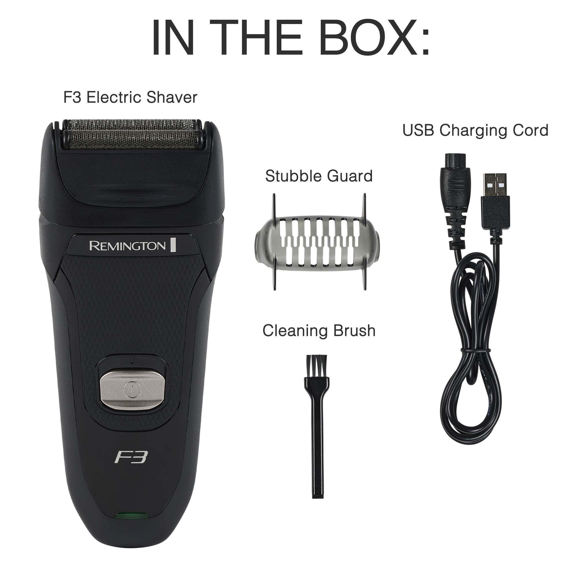 Remington F3 electric shaver set with USB charging cord and cleaning brush on a white background