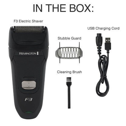 Remington F3 electric shaver set with USB charging cord and cleaning brush on a white background