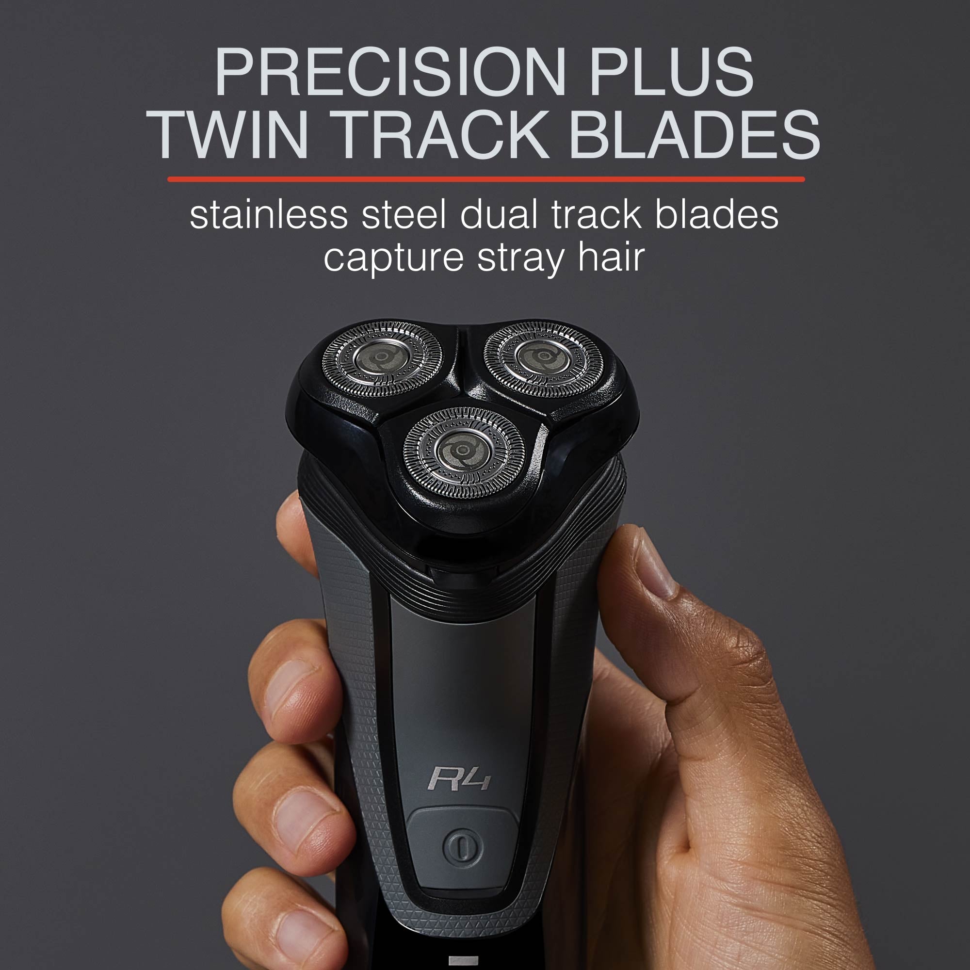 Hand holding the R4 Style Series Rotary Shaver with stainless steel dual track blades
