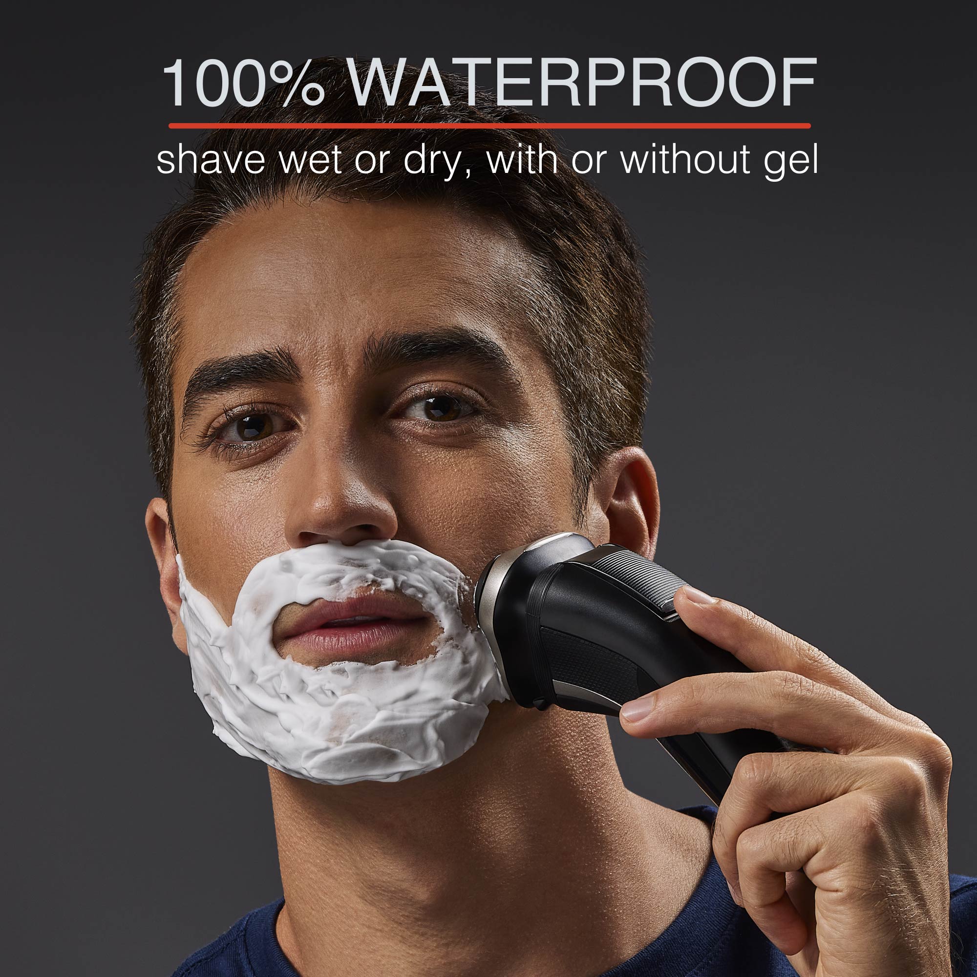 Person shaving his face with R5 Style Series Rotary Shaver- can be used both wet or dry