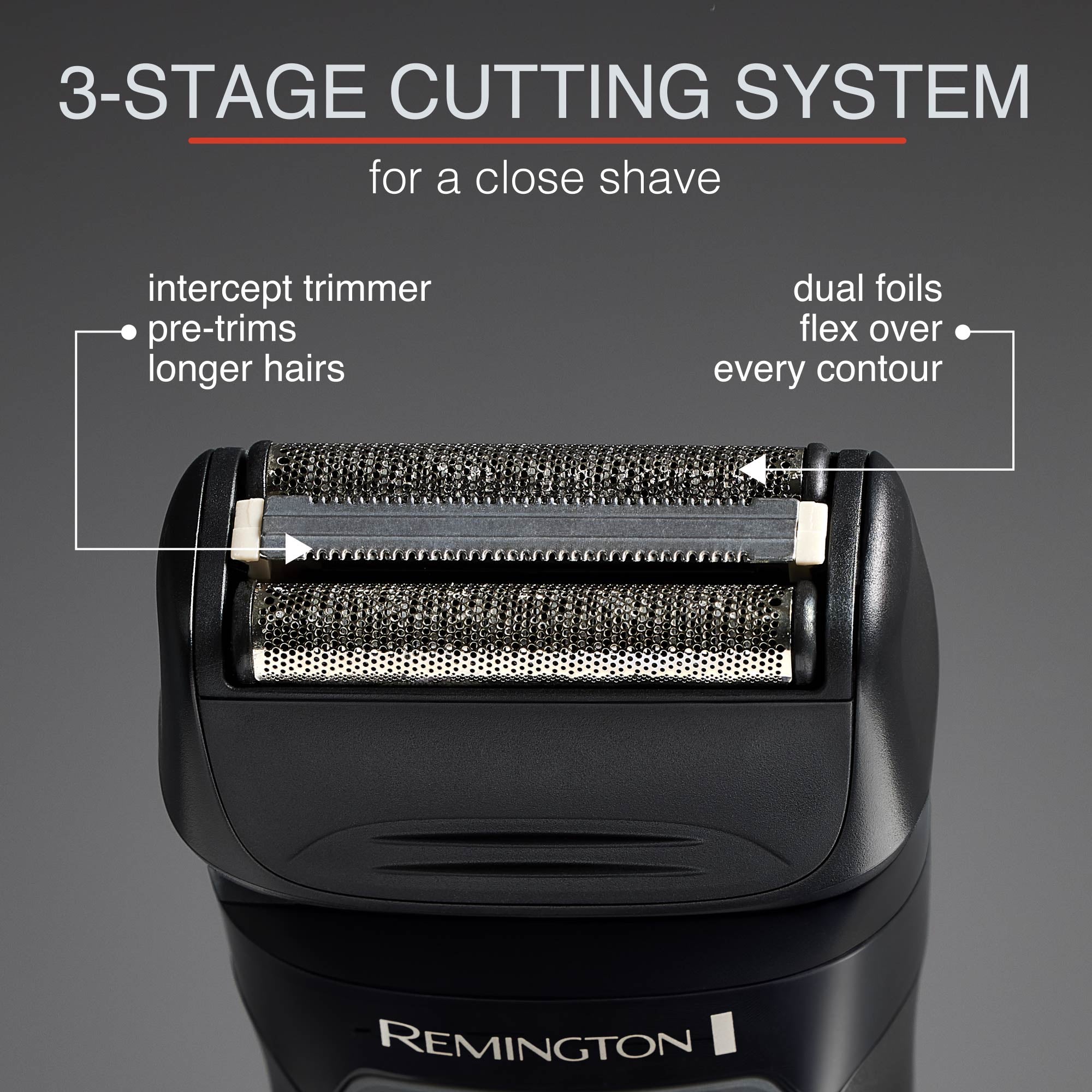Remington F4010 Foil Shaver with 3-stage cutting system on a gray background