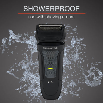 Remington F4010 showerproof shaver with water splash graphics on a dark background