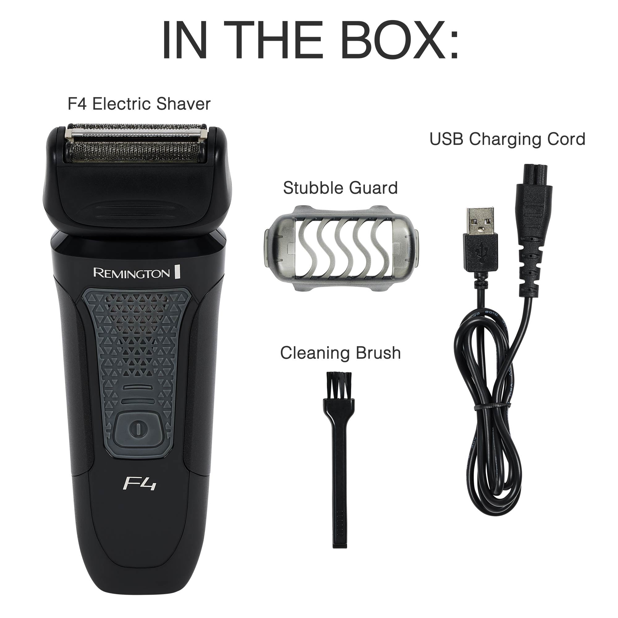 Remington F4010 Foil Shaver with USB charging cord, stubble guard, and cleaning brush on a white background.