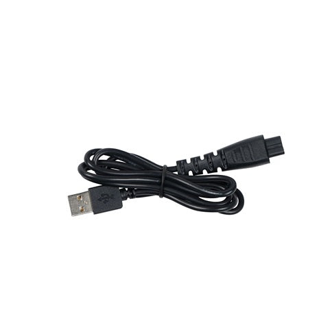 Black USB cable with plug on a white background