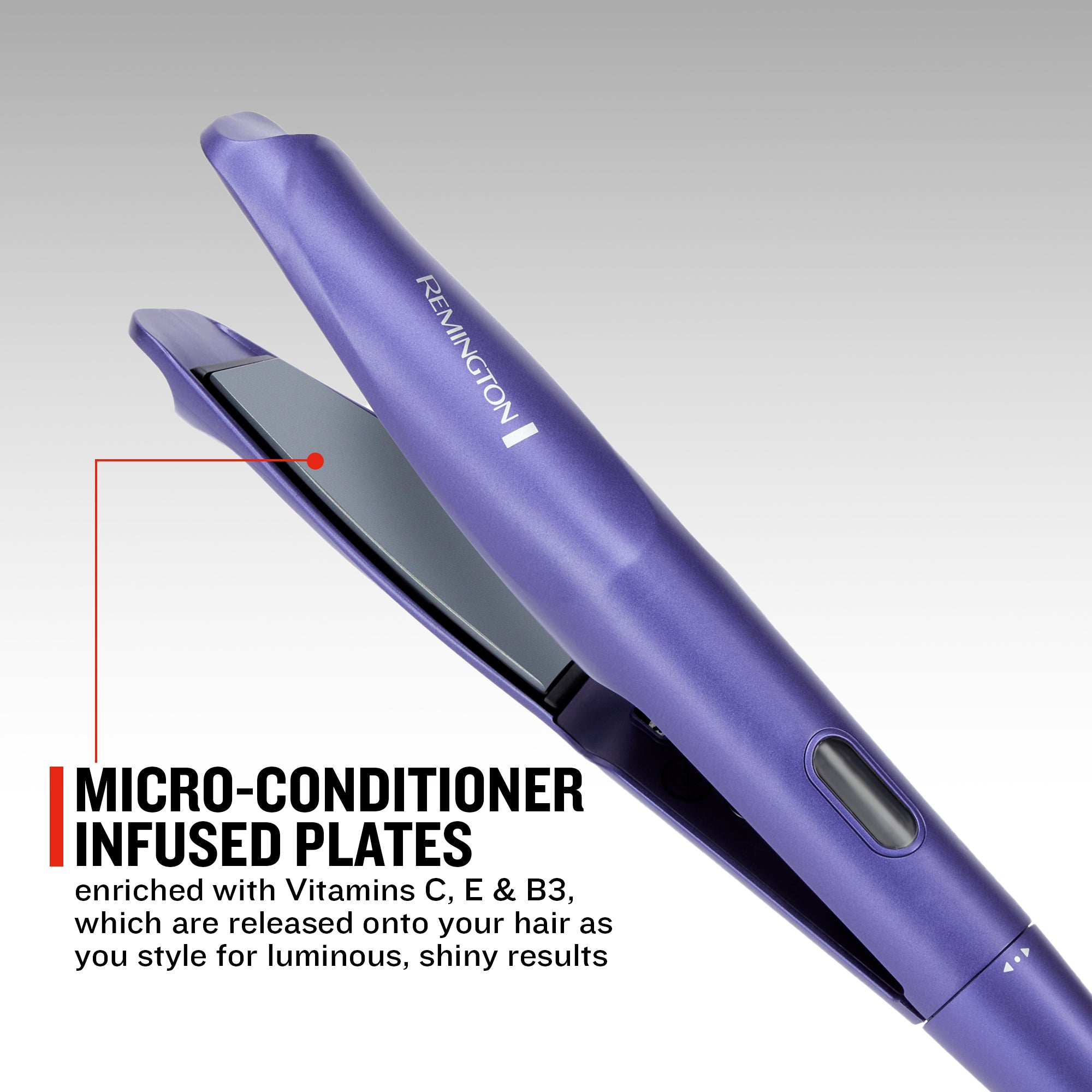 A purple Remington styler shown open on a light gray gradient background, with text reading 'MICRO-CONDITIONER INFUSED PLATES' and a red pointer line highlighting the inner plate area. The Remington brand name is visible on the device.