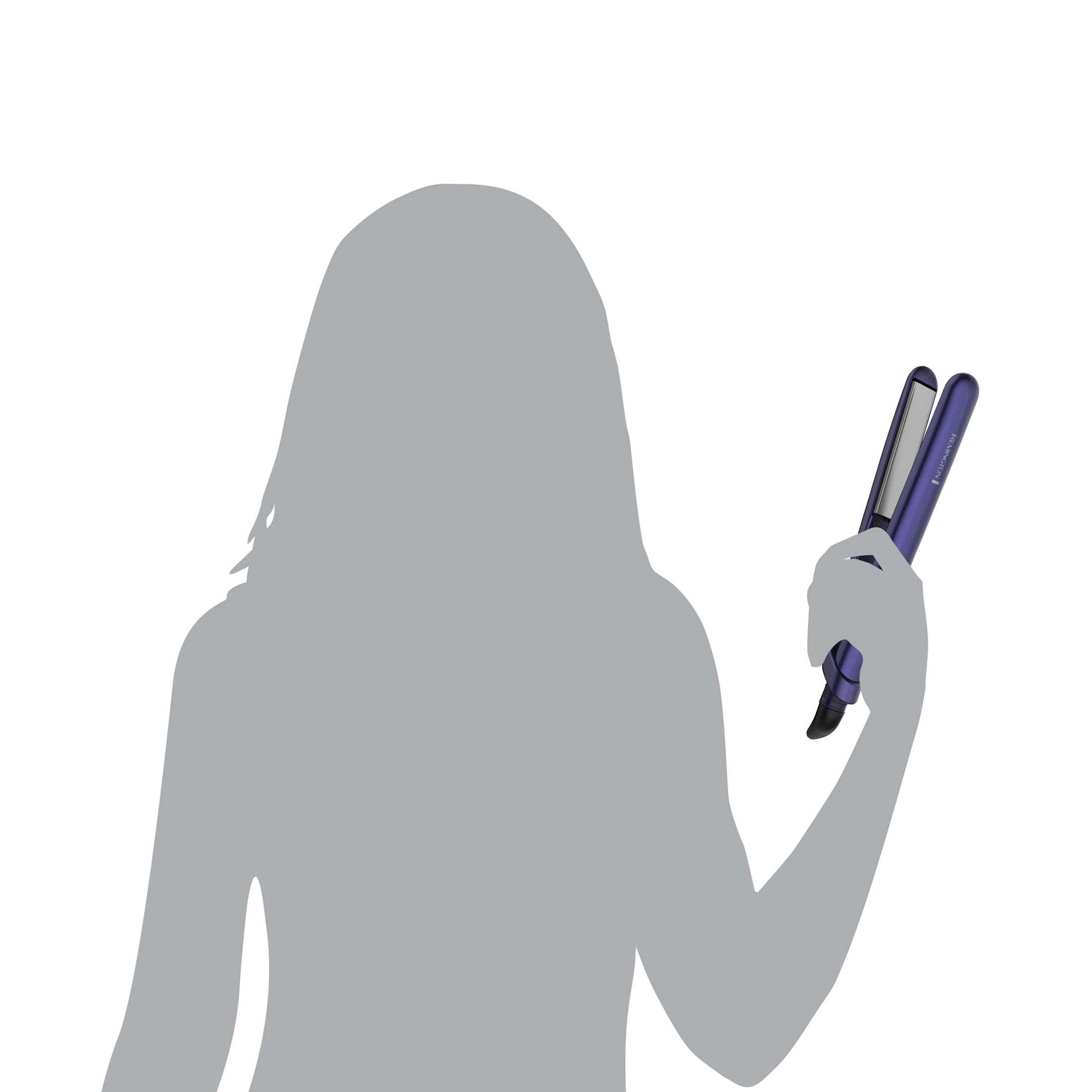 Silhouette of a person holding a hair straightener on a white background