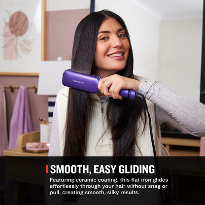 A woman with long dark hair uses a purple flat iron on her hair in a styled indoor setting. Text at the bottom reads 'SMOOTH, EASY GLIDING' with descriptive copy about the flat iron's ceramic coating.