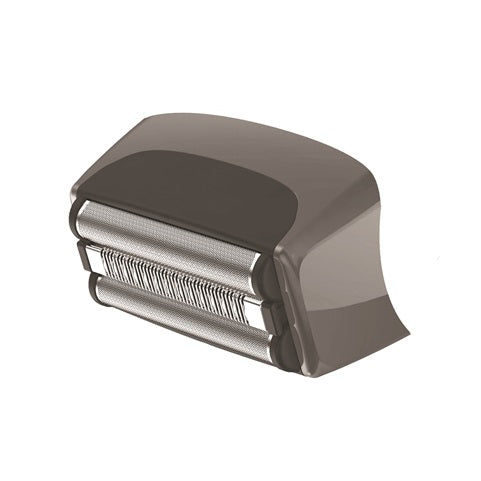 shaver head with metallic blade and black handle on a white background