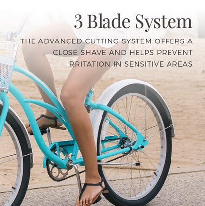 Turquoise bicycle with a person riding it, featuring text about a 3 blade system.