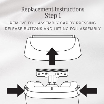 Replacement instructions for a foil assembly cap with release buttons and lifting foil assembly on a white background.