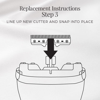 Illustration of replacement instructions for a grooming tool, showing how to line up and snap a new cutter into place.