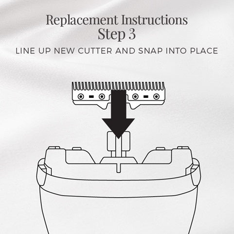Illustration of replacement instructions for a grooming tool, showing how to line up and snap a new cutter into place.
